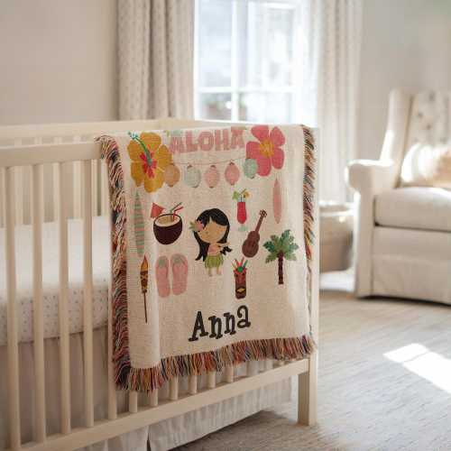 Tropical Girl Woven Baby Blanket, Personalized Baptism Blanket, Baby Girl Nursery Decor, 100% Cotton Blanket, Hawaii Maui