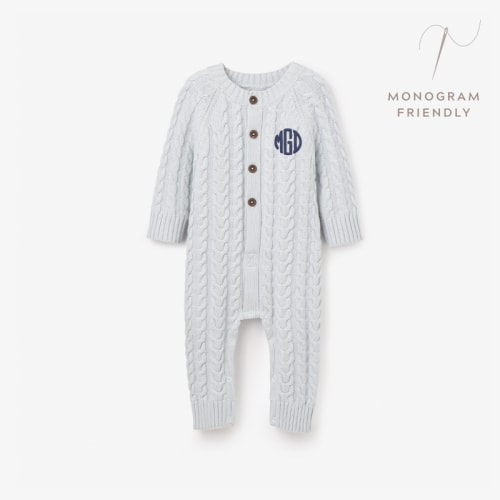 Pale Blue Horseshoe Cable Knit Baby Jumpsuit BLUE / 6-9M