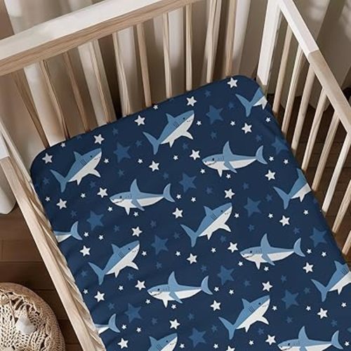 Cute Ocean Animals Sharks Stars Pattern Baby Sheets for Crib, Unisex Sea Animals Nursery Fitted Bed Sheet for Boys Girls Standard Crib and Toddler Mattress-28x52
