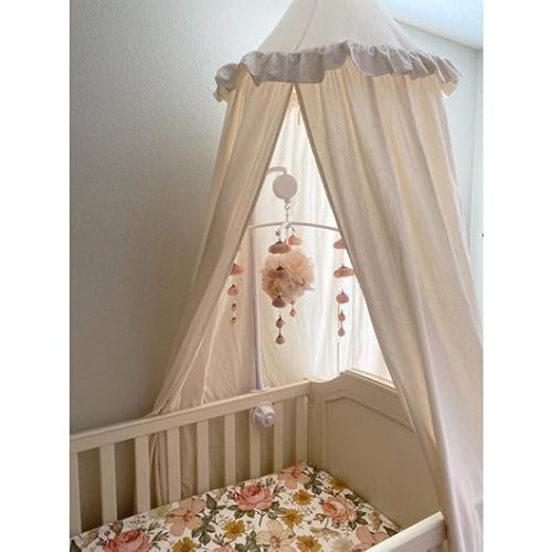 Kids Bed Canopy with Frills Cotton Cover Net for Crib Reading Nook Curtain Hideaway Hanging Round Tent Nursery Bedding Play Room Decor