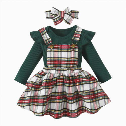 HCNTES Baby Girl Christmas Clothes Plaid Outfits Long Sleeve Romper Overall Skirt Dress Cute Outfit(3-6 Months,S138-Green)