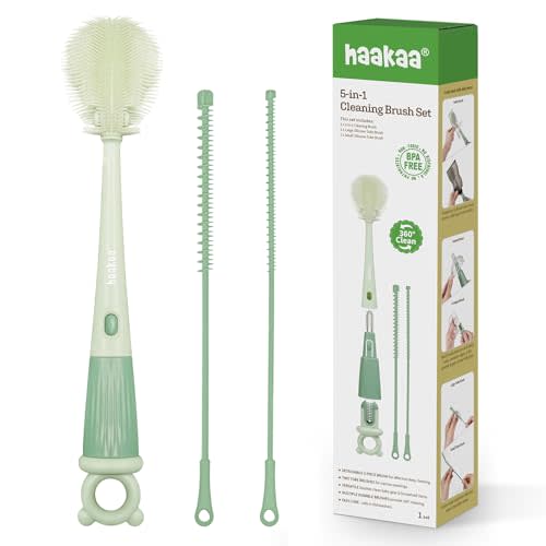 Haakaa 5-in-1 Cleaning Brush Set – Baby Bottle Brush & Bottle Brush Cleaner, Multi-Purpose 360° Comprehensive Cleaning for Breast Pumps, Breast Milk Collector, Baby Bottles, Nipples ,Straw – Portable