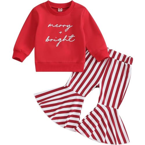 Kupretty Baby Girl Fall Winter Clothes Santa Baby Crewneck Sweatshirts Striped Flare Pants Set Toddler Christmas Outfits