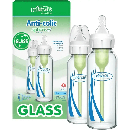 Dr. Brown's Anti-Colic Options+ Narrow Glass Baby Bottle with Level 1 Slow Flow Nipple, BPA-Free, 8 oz/250 mL, 2-Pack