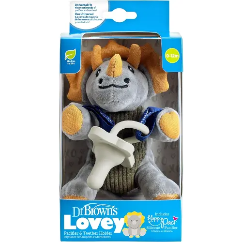 Dr. Brown's Baby Lovey Pacifier and Teether Holder, Triceratops with Gray HappyPaci, 100% Silicone, 0-6m (Packaging May Vary)