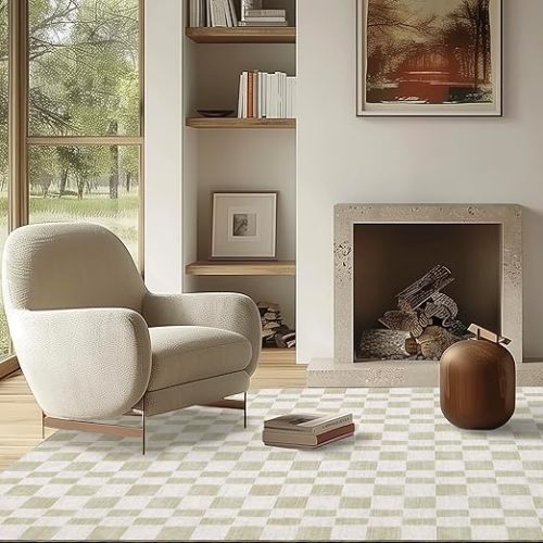 EVERGRACE Checkered Plaid Area Rug 5x7, Soft Faux Wool Rugs Washable Anti Slip Rugs Large Rug Carpet for Entryway Bedroom Living Room Hallway Kitchen Dining Room and Laundry Room, Beige