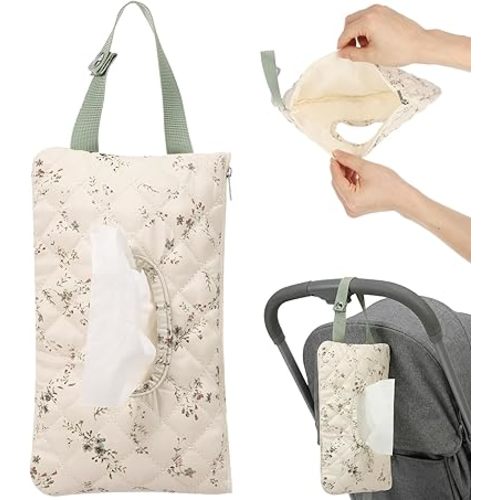 Quilted Baby Wipe Pouch, Hanging Portable Floral Diaper and Wipes Bag with Snap Handle, Machine Washable Refillable Wet Wipe Holder or Stroller, Car Seat & Travel Organizer