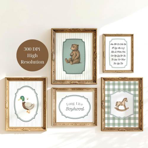Set of 5 Vintage Boy Nursery Wall Art Print Set Farmhouse Nursery Art Prints Neutral Boy Room Decor Country Cottage Nursery DIGITAL DOWNLOAD