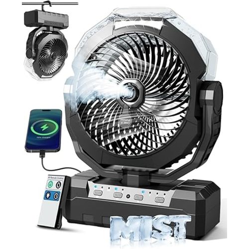 460ml Large Tank Portable Misting Fan, 24000mAh Rechargeable Battery Powered Camping Fan with 2 Meters Spray, Light & Remote for Indoor, Outdoor, Patios, Travel, Jobsite Beach Summer Essentials, Black