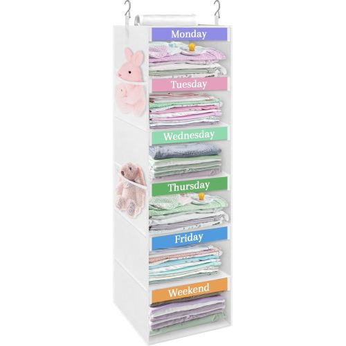 punemi Weekly Clothes Organizer for Kids, 6-Shelf Hanging Closet Storage with Side Pockets, Days of The Week Design, 11.8" x 11.8" x 37.8", Perfect for Organizing a Week's Worth of Kids' Clothing