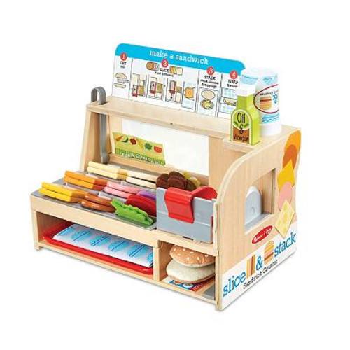 Melissa & Doug Wooden Slice & Stack Sandwich Counter with Deli Slicer-- 56-Piece Pretend Play Food Pieces