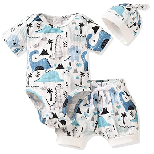 HINTINA Preemie Newborn Infant Baby Boys Outfits Dinosaur Bodysuit Romper Short Pants Hats 3Pcs Summer Clothes Set