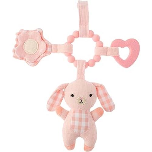 Stephen Joseph Travel Toy for Stroller, Rattle and Teether Car Seat or Activity Gym, Features Gentle Rattle, Heart and Star Rings with Crinkle Shape, Bunny