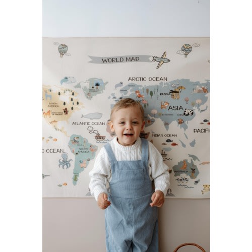 Organic Cotton World Map Tapestry for Nursery Wall Art - Neutral Montessori Decor
