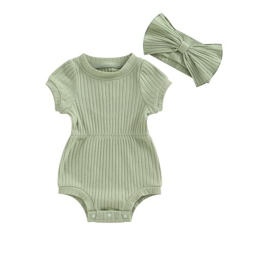 Newborn Baby Girls Romper Jumpsuit Infant Girl Summer Bodysuits Ribbed Short Sleeve One-Piece Headband