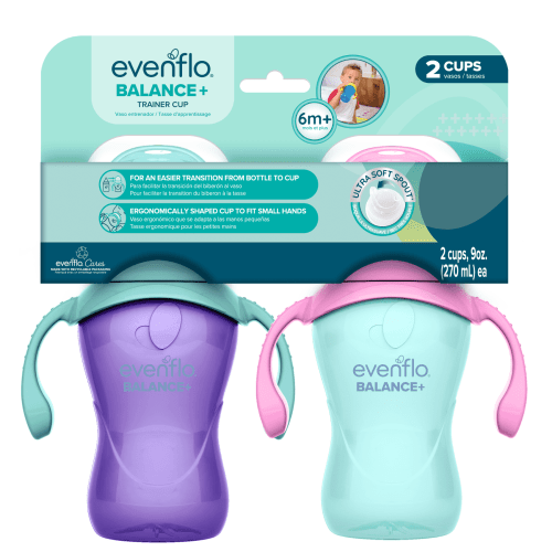 Evenflo Feeding 9 oz Balance Cups, 2-Pack, Pink & Purple, Baby Sippy Cups 6 Months+