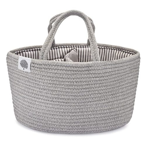 Parker Baby Rope Diaper Caddy Organizer - Nursery Storage Bin and Car Organizer for Diapers and Baby Wipes - Diaper Organizer for Baby Essentials - Gray