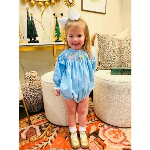Christmas Nativity Smocked Bubble in Light Blue - Smocked Romper, Bubble Romper, Baby Girl, Heirloom 657 *B