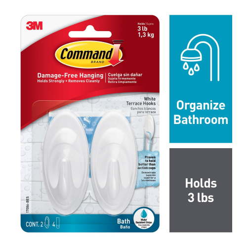 Command Bath Terrace Hooks, Quartz, 2 Wall Hooks, 4 Water Resistant Strips, Bathroom Organization