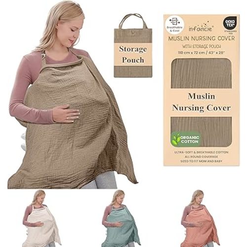 Organic Cotton Nursing Cover & Shawl - 43 x 28 Inch Breathable Muslin Breastfeeding Nursing Apron Cover with Arch Neckline for Mothers, Multi-use Carseat Canopy (Beige)