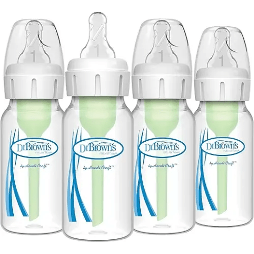 Dr. Brown's Natural Flow Anti-Colic Options+ Narrow Baby Bottle, 4 oz/120 mL, with Level 1 Slow Flow Nipple, 0m+, 4 Pack