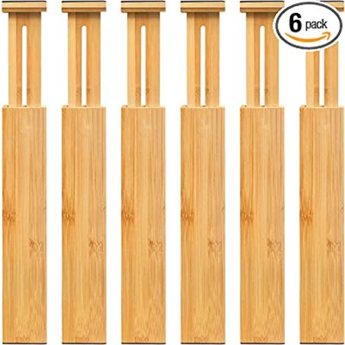 VaeFae Adjustable Bamboo Drawer Dividers, Expandable Drawer Organizer for Kitchen, Bedroom, Bathroom, Dresser and Office, 6-Pack