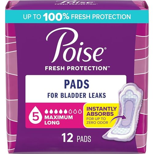 Poise Incontinence & Postpartum Pads for Bladder Leaks, 5 Drop Maximum Absorbency, Long Length, 12 Count, Packaging May Vary