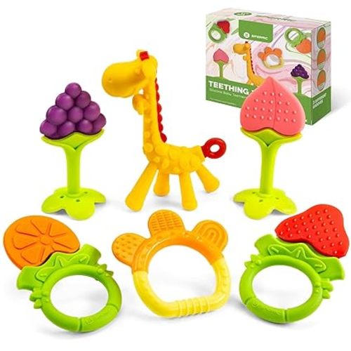 Silicone Baby Teethers - Freezer Safe Teething Toys for Infants 0-6 Months - 6 Pack