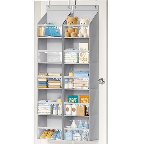 AOODA 2 Pack Over the Door Organizer, Large Capacity Closet Door Hanging Organizer, Clear Deep Pockets Baby Organizer Storage for Nursery, Bathroom, Bedroom, Pantry, Diapers (Grey)