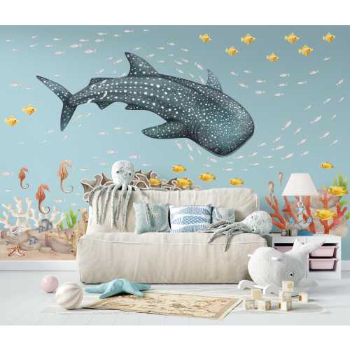 Large Whale Shark Fish Coral Decal Set Ocean themed Kids Room, Watercolor Shark Seaweed Seahorse School of Fish, Big Sea Life Wall Stickers