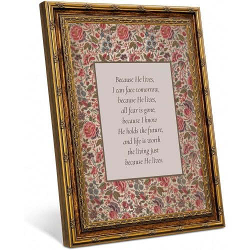 Vintage Gold Framed Christian Wall Art, Because He Lives Bible Verse Print
