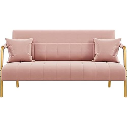 Yaheetech 56.5" W Modern Sofa Small Sofa Luxurious Velvet Fabric Couch with Gold-Tone Metal Arms and Legs for Living Room, Home Office, Studio Pink