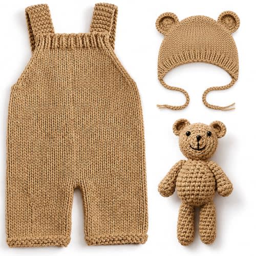 Newborn Photography Props Baby Bear Knit Romper Hat Outfits Set Boys Girls Photo Shoot Animal Costume Outfit 0-3 Month Crochet Knitted Overalls Bonnet