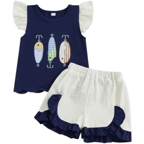 Suolongsama Toddler Kids Girl Summer Clothes Fish Embroidery Flutter Sleeve Top Ruffle Plaid Shorts 2Pcs Fishing Outfit