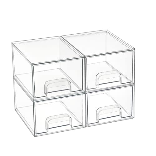 Vtopmart 4 Pack Small Clear Stackable Storage Drawers,Acrylic Bathroom Makeup Organizer,Plastic Storage Bins For Vanity, Undersink, Kitchen Cabinets, Pantry, Home Organization