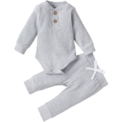 Winter Newborn Baby Boy Girl Clothes Set Ribbed Outfits Unisex Infant Solid Cotton Button Long Sleeve Tops Pants 2PCS