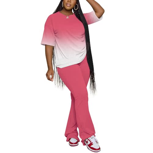 PINSV Women 2 Piece Outfits Short Sleeve Top and Flare Pants Lounge Sets Tracksuit