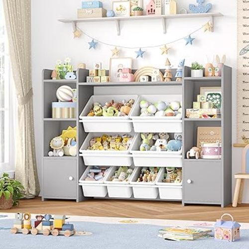 FOTOSOK 55''Large Toy Storage Organizer with 8 Toy Bins, Toy Organizers and Storage with Shelf and 6 Storage Cubbies, Bookshelf for Kids, Playroom Organization and Storage Bins, Grey