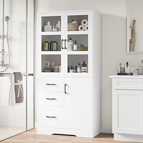 HIFIT Tall Bathroom Storage Cabinet, Modern Linen Cabinet with 2 Glass Display Doors & Shelves & Drawer, 67” H Tall Cabinet Freestanding for Bathroom, Living Room, Laundry Room, Kitchen Pantry, White
