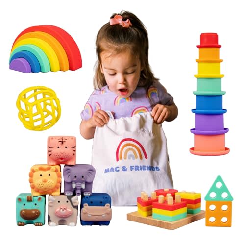 Mac & Friends 5-in-1 Montessori Toy Set Designed by Parents | Great Gift for Baby Shower, New Sibling or Birthday Party | Educational Soft Sensory Toys for 0 Months to 3+ Years