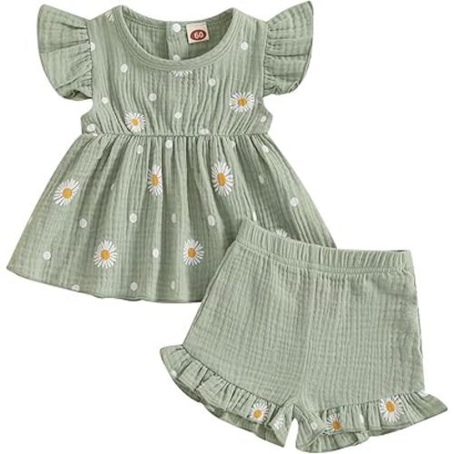 Kaipiclos Infant Baby Girl Clothes Outfits Daisy Print Ruffle Sleeve Shirt Tops Shorts Baby Summer Outfit 3 6 12 18 24 Month