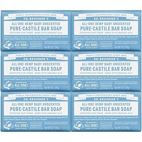 Dr. Bronner’s - Pure-Castile Bar Soap (Baby Unscented, 140g, 6-Pack) -Made with Organic Oils, For Face, Body & Hair, Gentle for Sensitive Skin & Babies, No Added Fragrance, Biodegradable, Vegan, Non-GMO