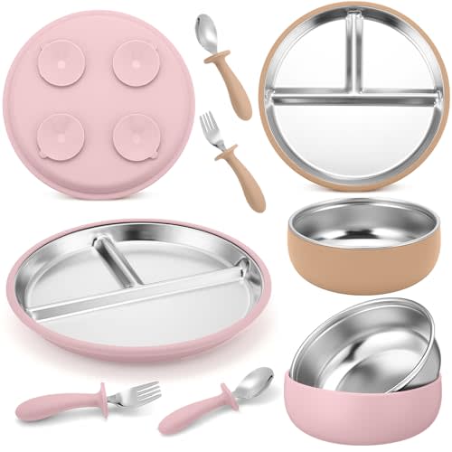 Honeydak 2 Pack Stainless Steel Baby Plates and Bowls with Suction & 2 Pack Spoons and Forks Set Kid Gift Toddler Utensil Baby Feeding Set Divided Plates for Weaning Supplies(Pink,Matte Tan)