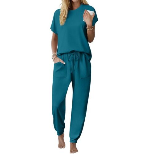 Ekouaer Womens Pajama Sets 100% Cotton Pajamas Short Sleeve Pj Top With Jogger Pants 2 Piece Lounge Set with Pocket Blue Green S
