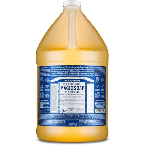 Dr. Bronner's Pure-Castile Magic Soap Liquid (Peppermint, 1 Gallon) – Made with Regenerative Organic Certified Oils - For Face, Hair, Laundry, Dishes- Hand Soaps & Body Wash