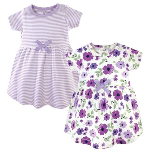 Touched by Nature Baby and Toddler Girl Organic Cotton Short-Sleeve Dresses 2pk, Purple Garden, 0-3 Months