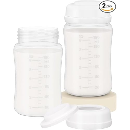 6oz Wide-Mouth Breastmilk Storage Bottles with Two-Pieces Sealing Cap, Leak-Proof Design, No-Fade Reading Marking, Compatible with Spectra S1 S2 9 Plus, Motif Luna, and Most Wide-Mouth Flanges, 2 Pack