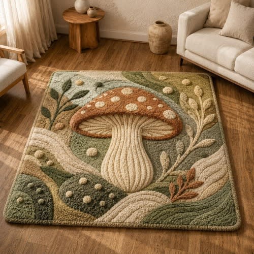 Hand Tufted Mushroom Rug, Woodland Nature Area Rug, 3D Botanical Accent Ruga