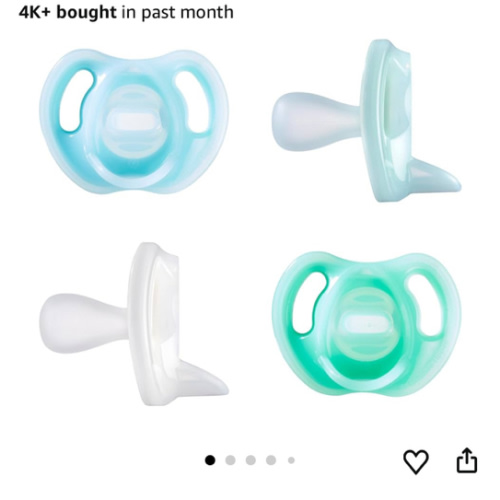 Tommee Tippee Ultra-Light Silicone Pacifier, 0-6 Months, Symmetrical One-Piece Design, BPA-Free Silicone Binkies, Blue/Green/Clear, Pack of 4