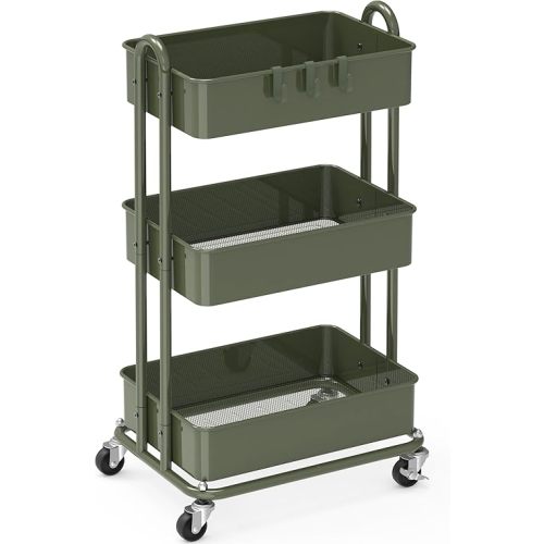 Simple Houseware 3-Tier Heavy Duty Metal Utility Rolling Cart, Army Green